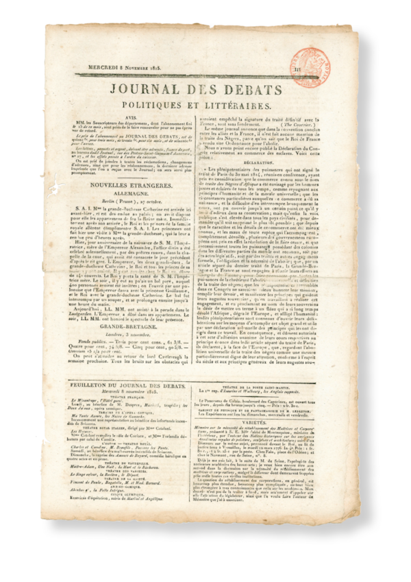 Le journal des débats annonce la nomination de Breguet comme membre adjoint du Bureau des Longitudes, avec une erreur de deux jours sur la date.